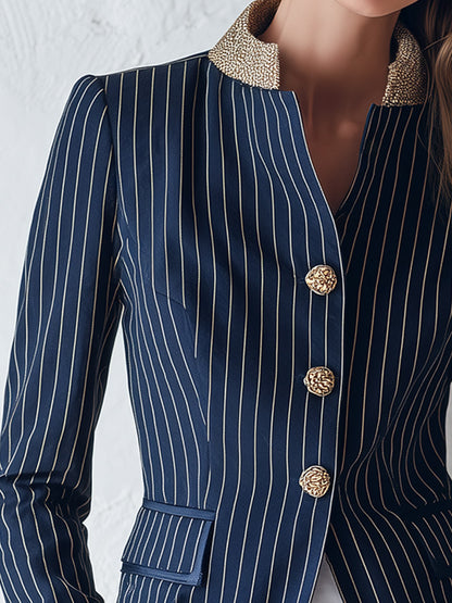 Classic Navy Striped Stand-Collar Single-Breasted Jacket