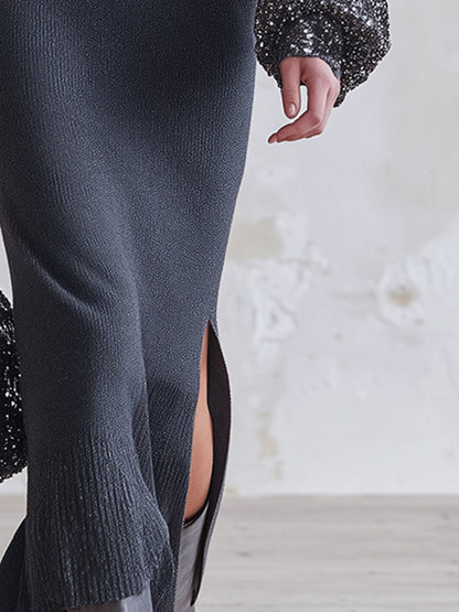 Elegant Grey V-Neck Long-Sleeve Knitted Sequin Maxi Dress