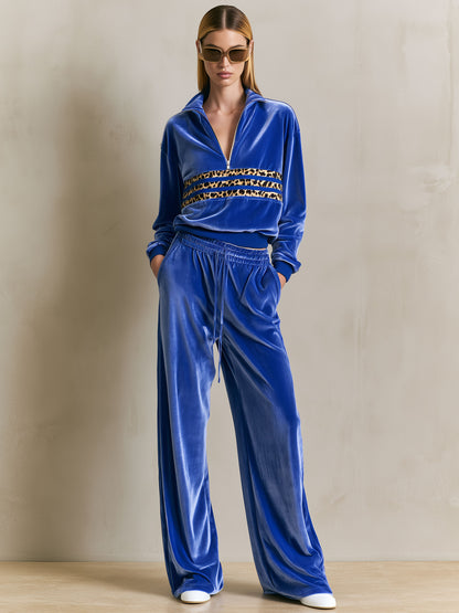 Fashionable Leopard Print Striped Half-zip Royal Blue Velvet Sweatshirt And Pants Set