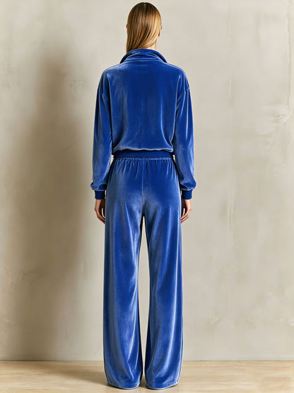 Fashionable Leopard Print Striped Half-zip Royal Blue Velvet Sweatshirt And Pants Set