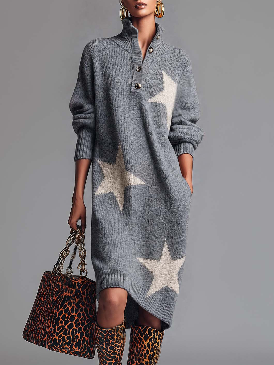 Comfortable And Fashionable Lapel Front Button Star Pattern Gray Knitted Midi Dress