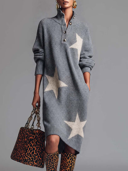 Comfortable And Fashionable Lapel Front Button Star Pattern Gray Knitted Midi Dress
