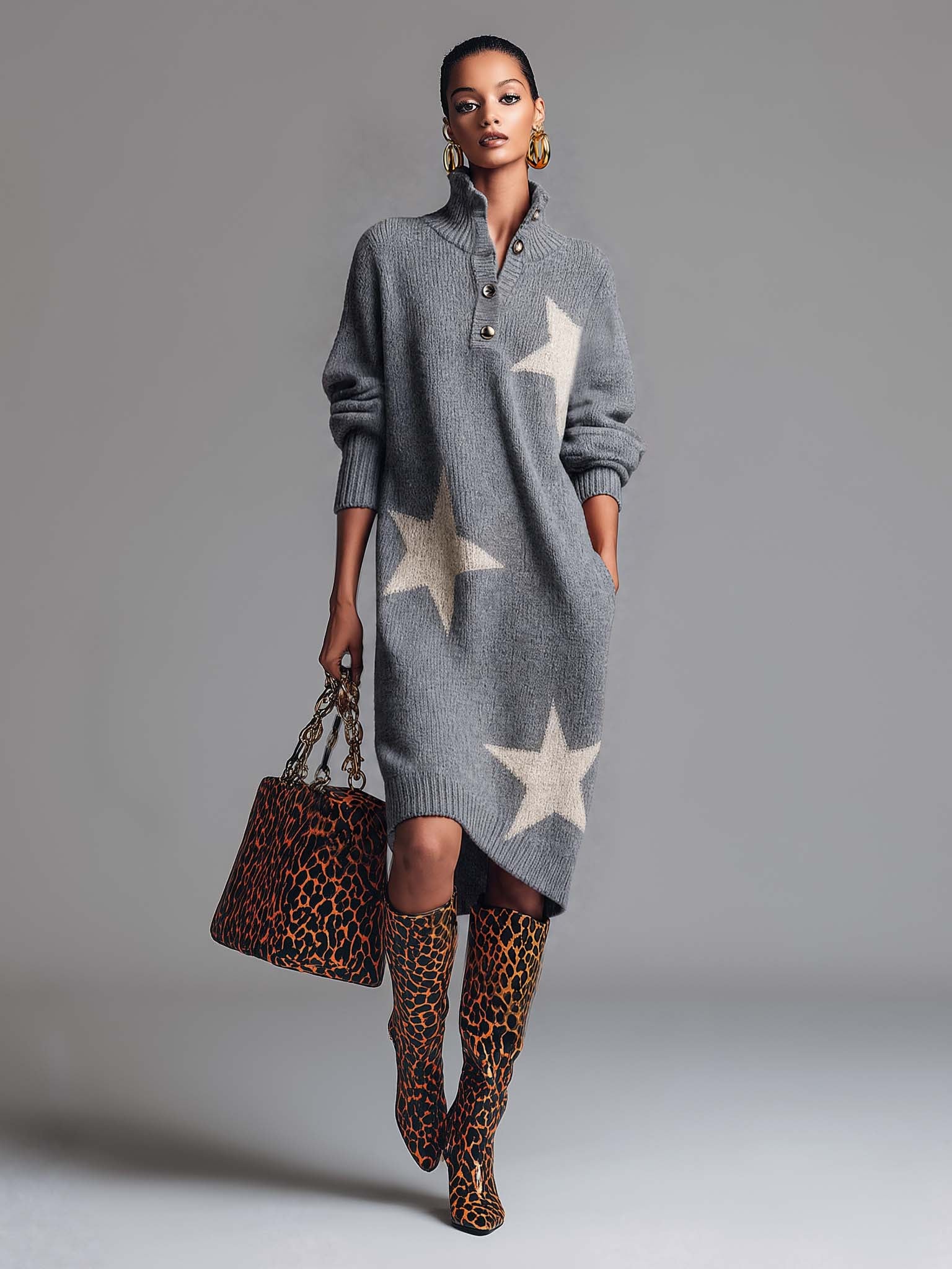 Comfortable And Fashionable Lapel Front Button Star Pattern Gray Knitted Midi Dress