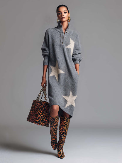Comfortable And Fashionable Lapel Front Button Star Pattern Gray Knitted Midi Dress
