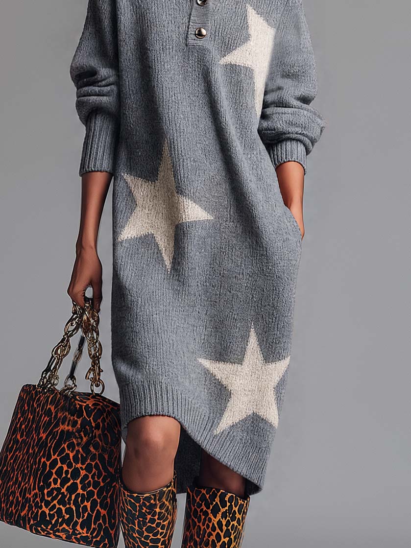 Comfortable And Fashionable Lapel Front Button Star Pattern Gray Knitted Midi Dress