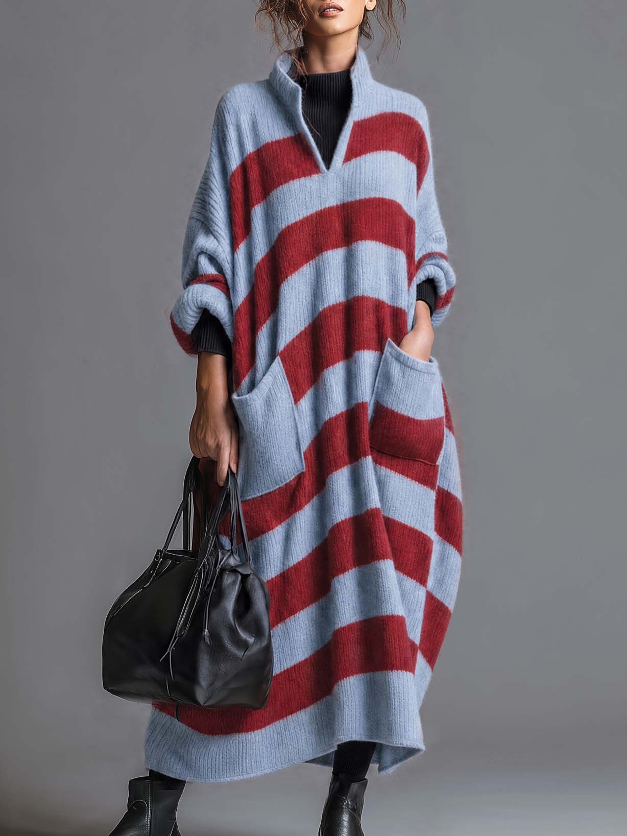 Comfortable Lazy Stand-collar V-neck Patch Pocket Blue And Red Striped Knit Maxi Dress
