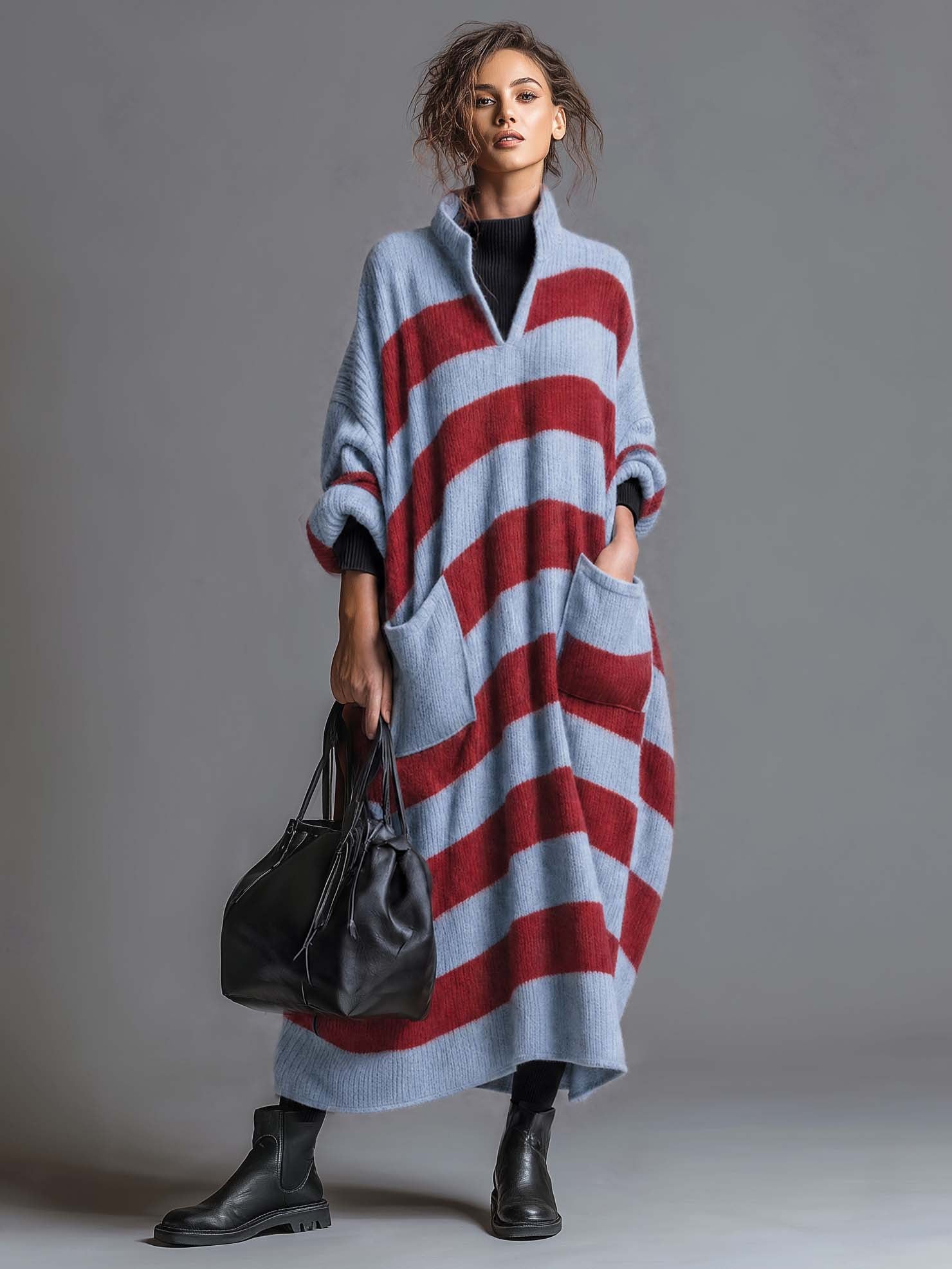Comfortable Lazy Stand-collar V-neck Patch Pocket Blue And Red Striped Knit Maxi Dress