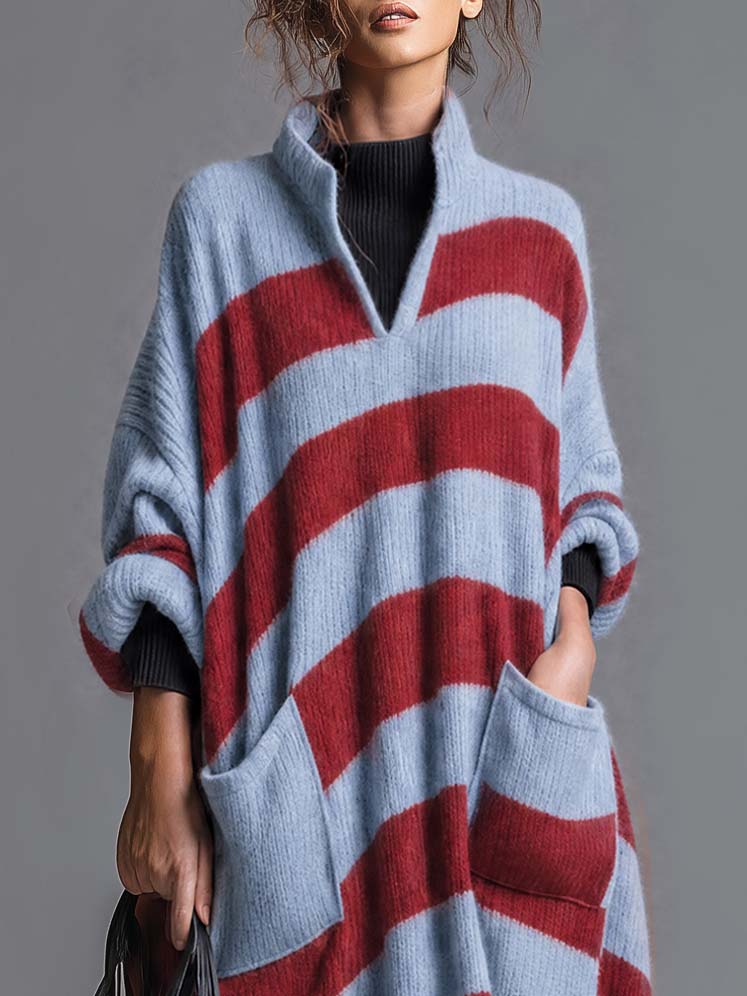 Comfortable Lazy Stand-collar V-neck Patch Pocket Blue And Red Striped Knit Maxi Dress