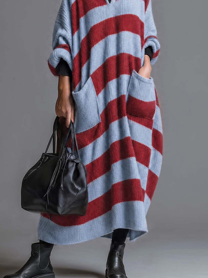 Comfortable Lazy Stand-collar V-neck Patch Pocket Blue And Red Striped Knit Maxi Dress