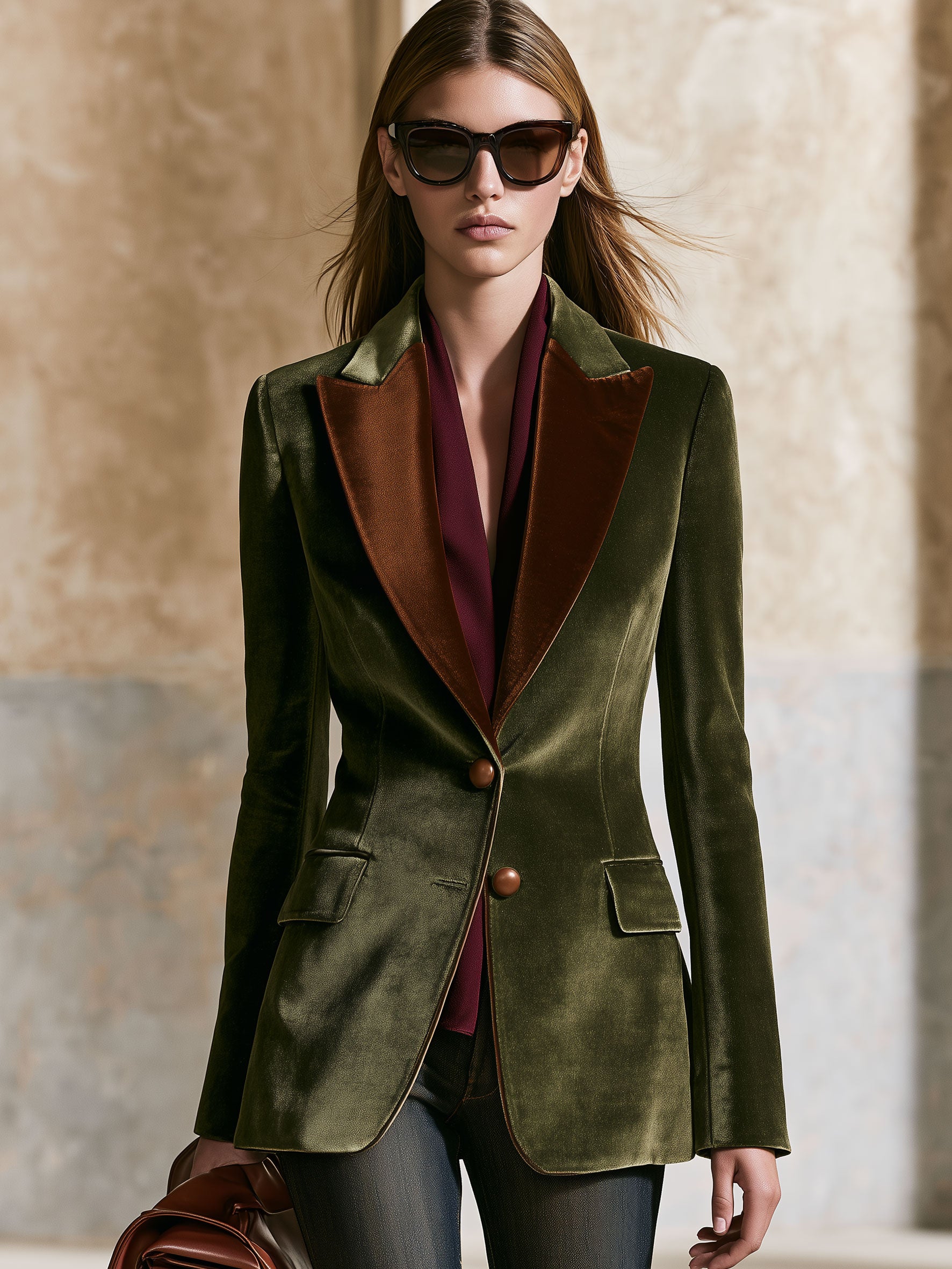Casual Retro Brown Lapel Moss Green Velvet Blazer