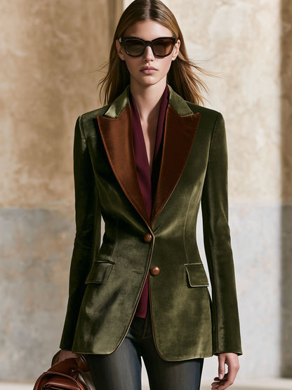 Casual Retro Brown Lapel Moss Green Velvet Blazer