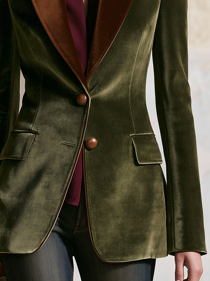 Casual Retro Brown Lapel Moss Green Velvet Blazer