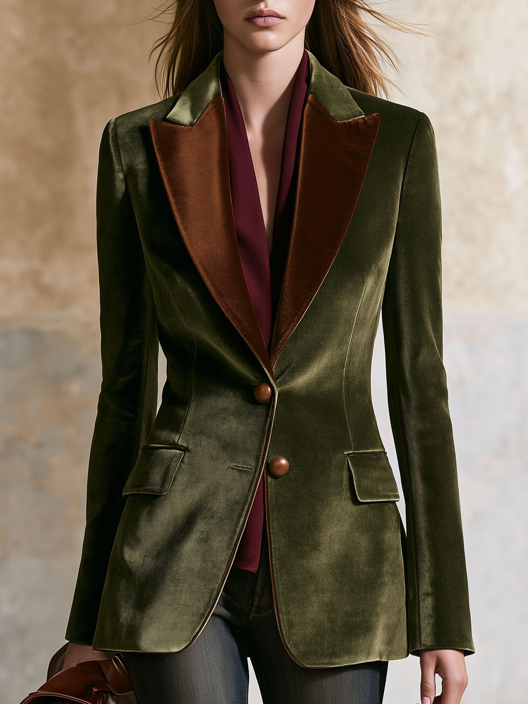 Casual Retro Brown Lapel Moss Green Velvet Blazer