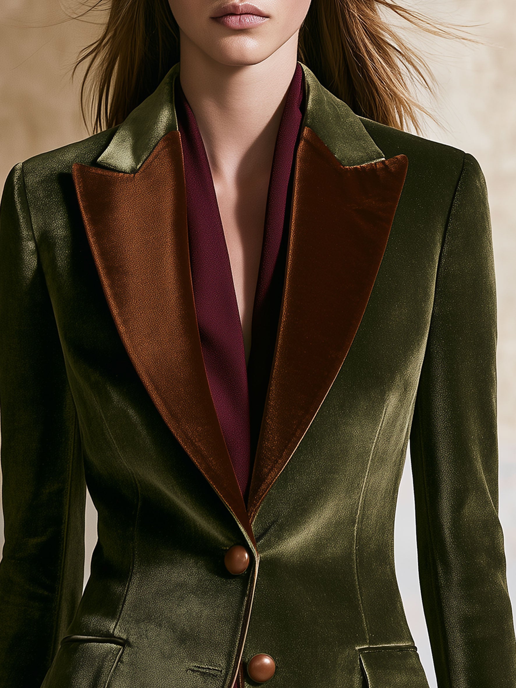 Casual Retro Brown Lapel Moss Green Velvet Blazer