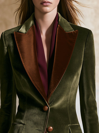 Casual Retro Brown Lapel Moss Green Velvet Blazer
