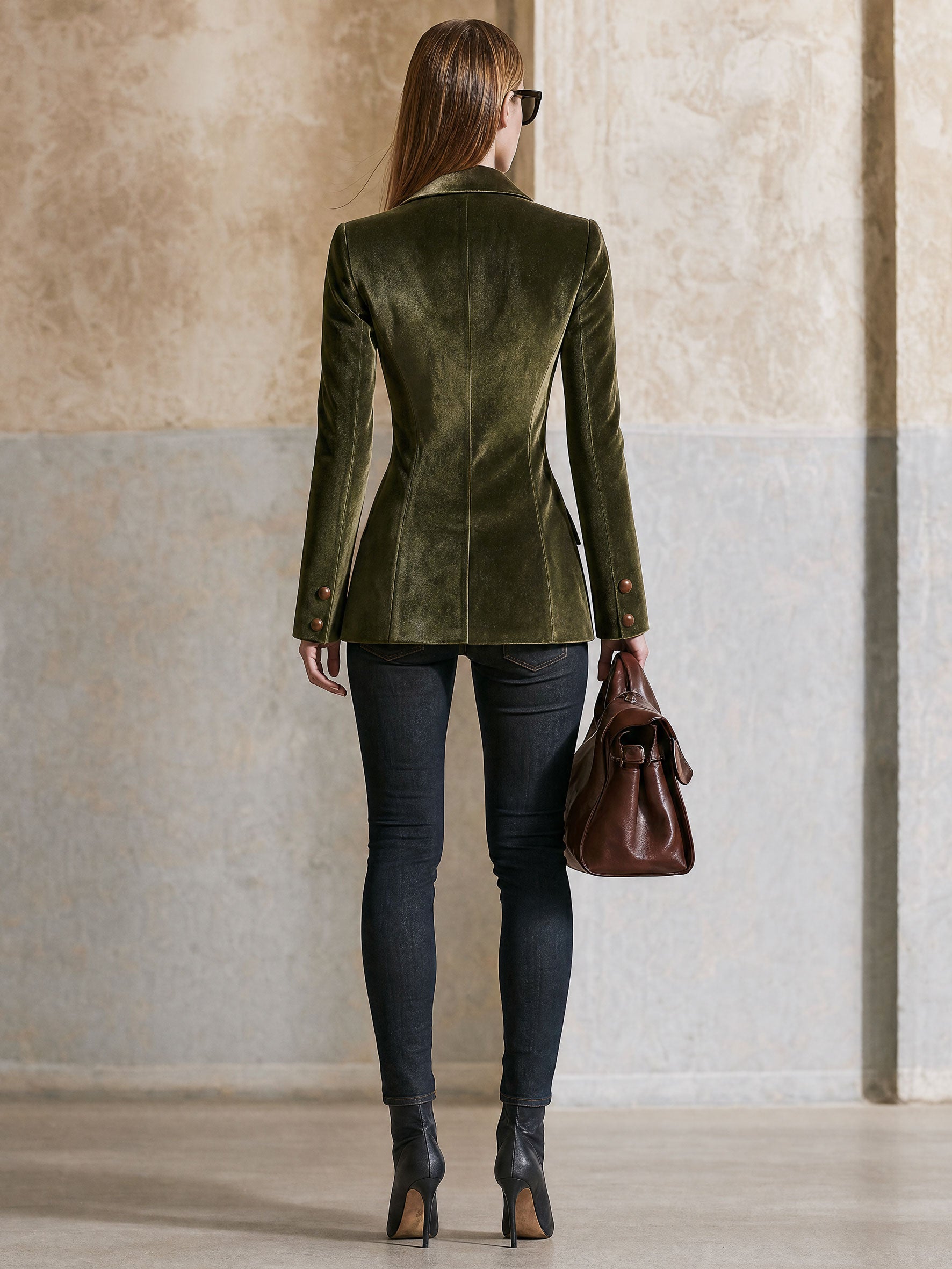 Casual Retro Brown Lapel Moss Green Velvet Blazer