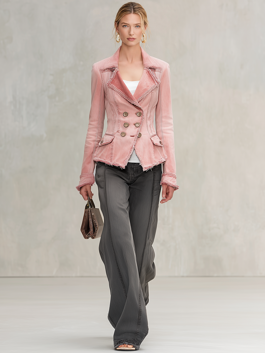 Pink Washed Denim Jacket Frayed Distressed Double-breasted Slim-fit Lapel Suit