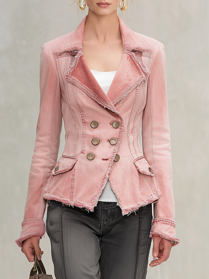 Pink Washed Denim Jacket Frayed Distressed Double-breasted Slim-fit Lapel Suit