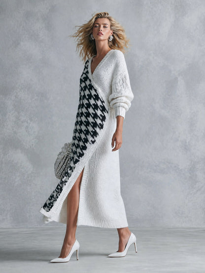 Women’s V-Neck Black and White Houndstooth Knit Sweater Maxi Dress
