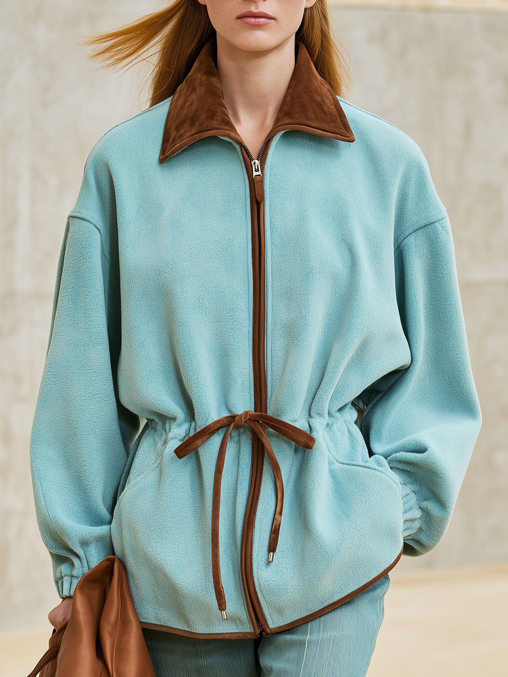 Casual Retro Brown Faux Suede Collar Lake Blue Fleece Coat