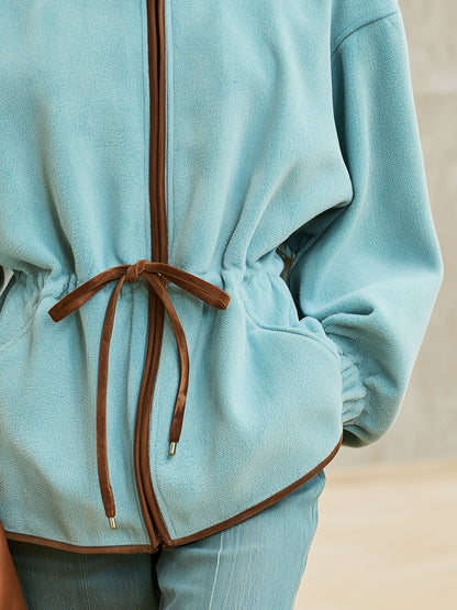 Casual Retro Brown Faux Suede Collar Lake Blue Fleece Coat