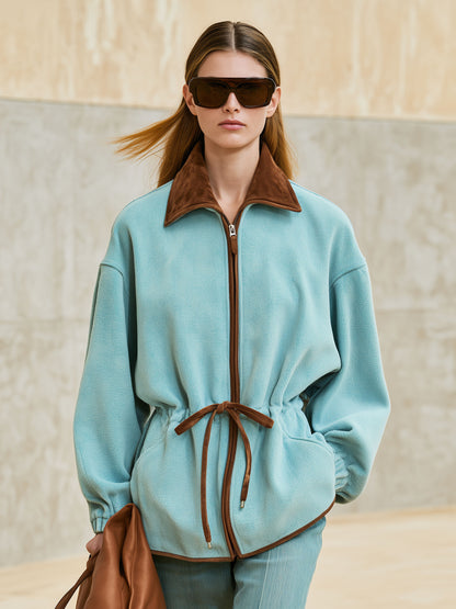 Casual Retro Brown Faux Suede Collar Lake Blue Fleece Coat