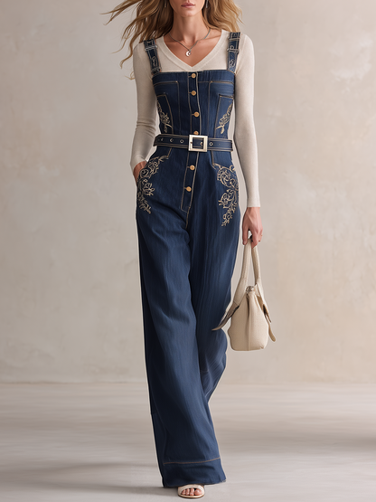 American Utility Belted Embroidered Denim Suspender Jumpsuit