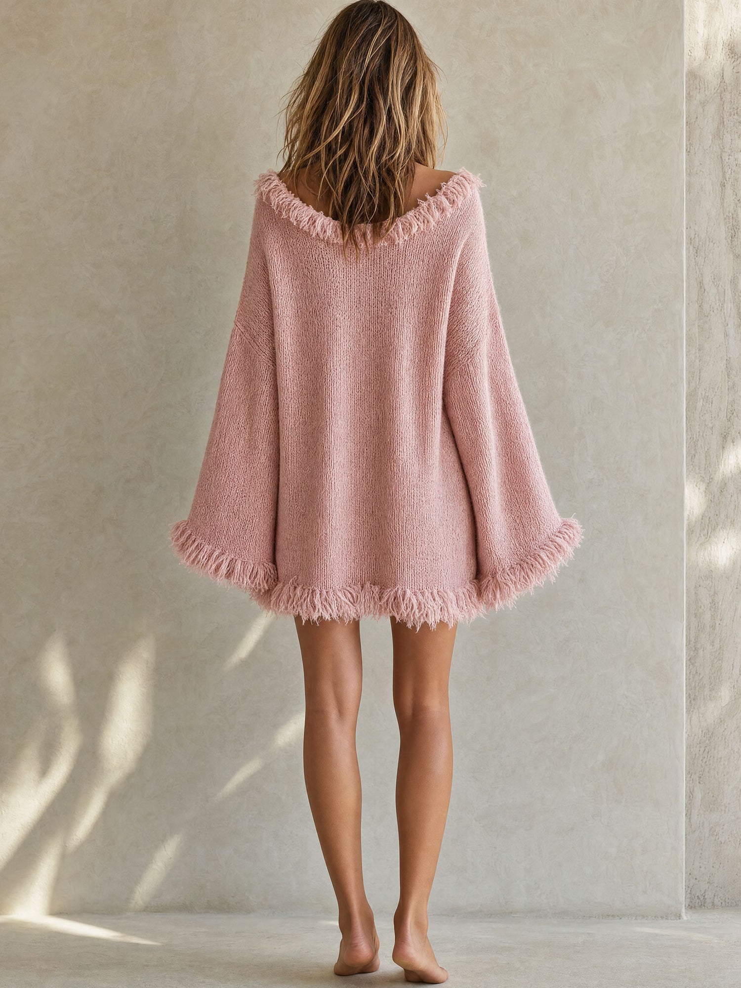 Casual And Stylish Pink Knitted V-neck Tassel Mini Dress