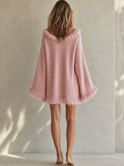 Casual And Stylish Pink Knitted V-neck Tassel Mini Dress