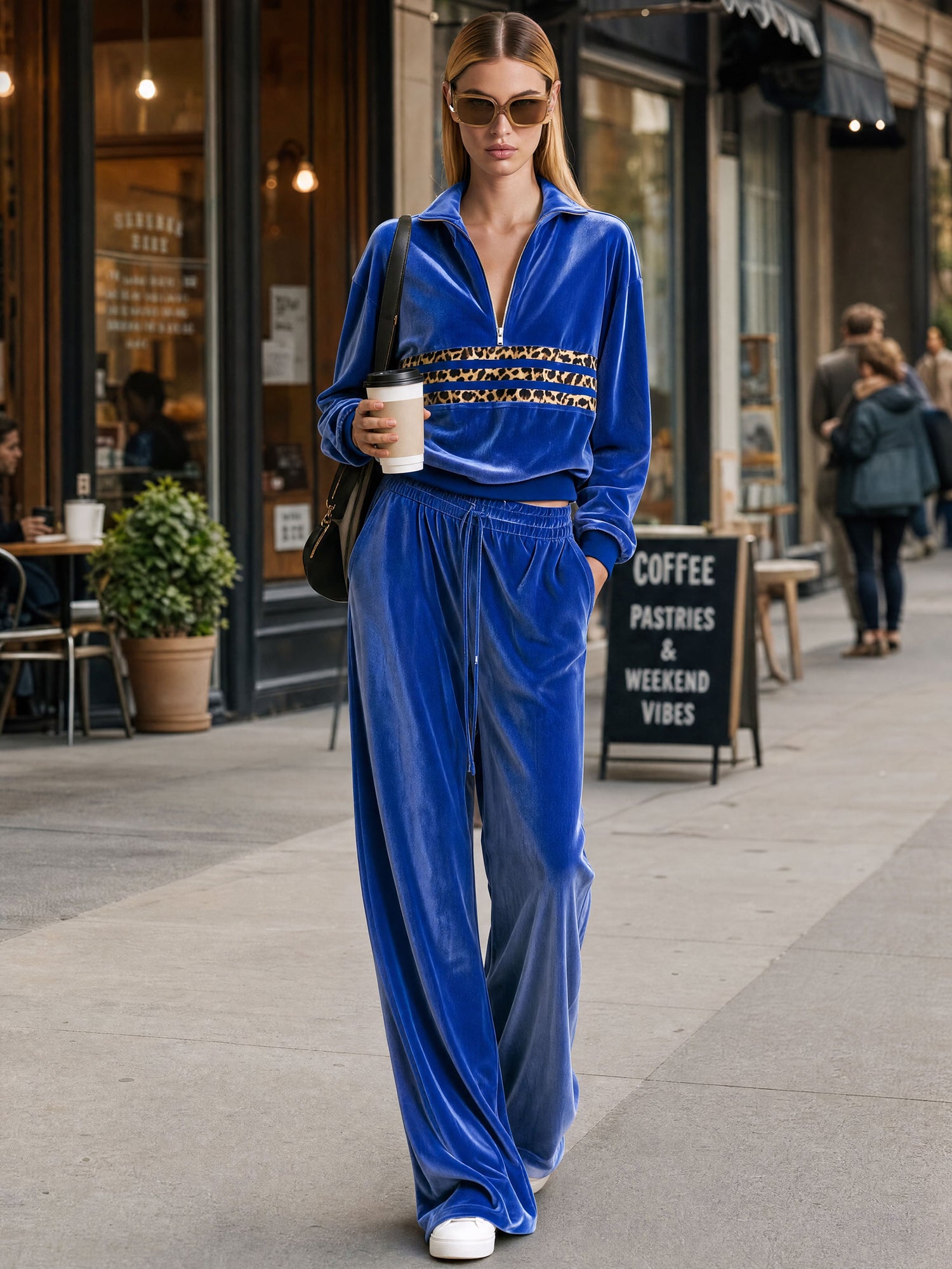 Fashionable Leopard Print Striped Half-zip Royal Blue Velvet Sweatshirt And Pants Set