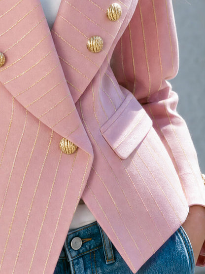 Retro-elegant Pink Striped Double-breasted Blazer