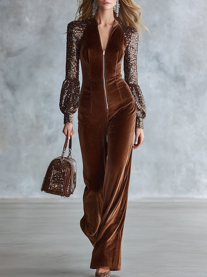 Vintage-style Brown Velvet Sequined Raglan-sleeve Front-zip Wide-leg Jumpsuit