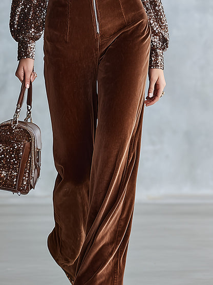 Vintage-style Brown Velvet Sequined Raglan-sleeve Front-zip Wide-leg Jumpsuit