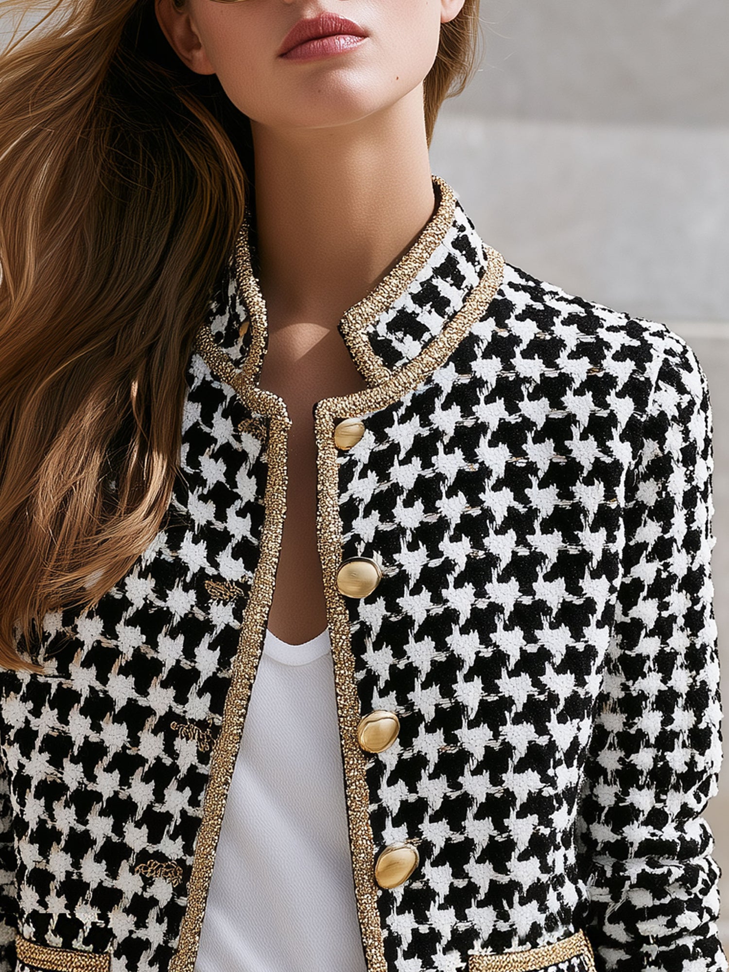 Fashionable Retro Gold-threaded Black And White Houndstooth Jacket