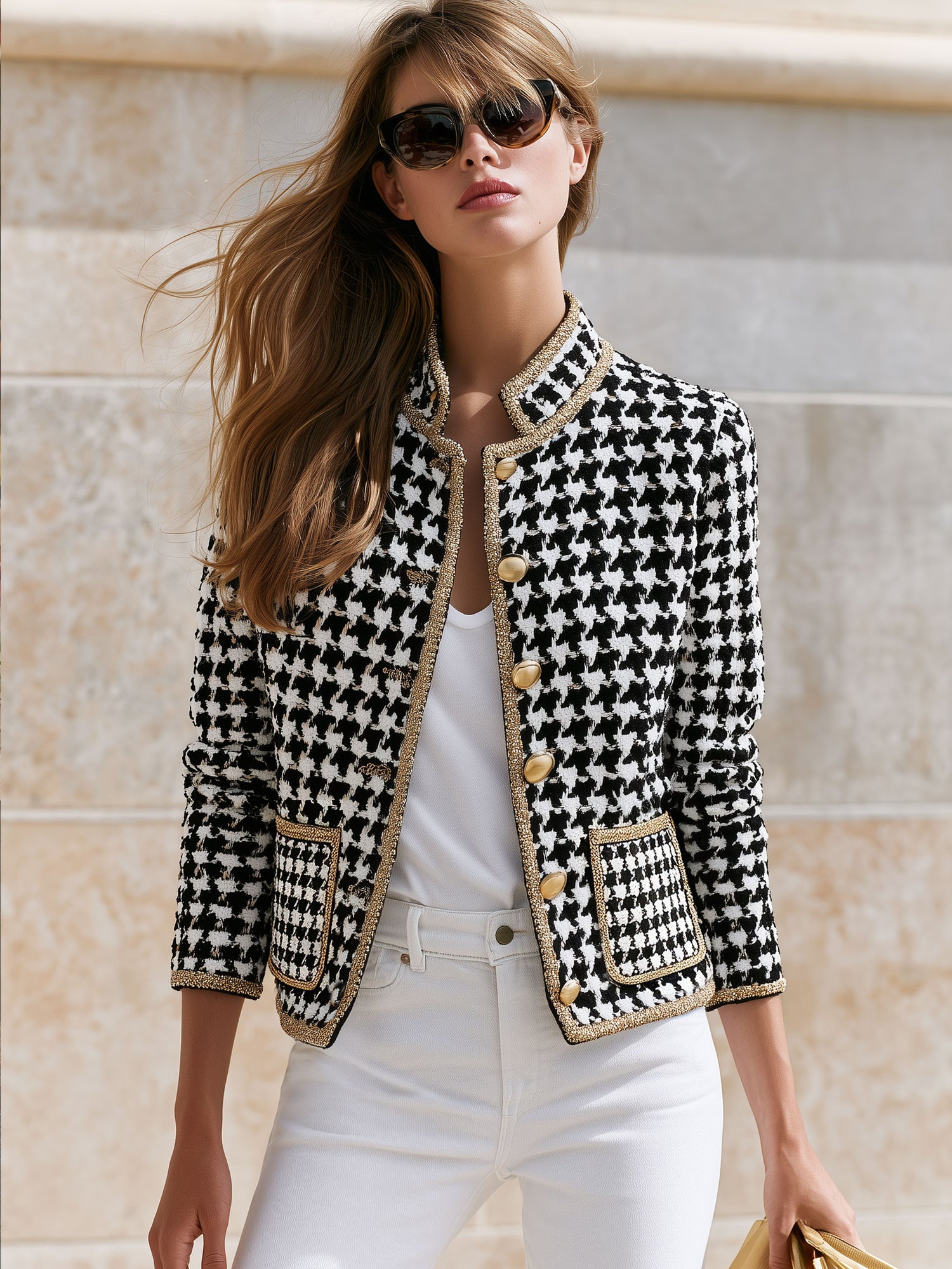 Fashionable Retro Gold-threaded Black And White Houndstooth Jacket