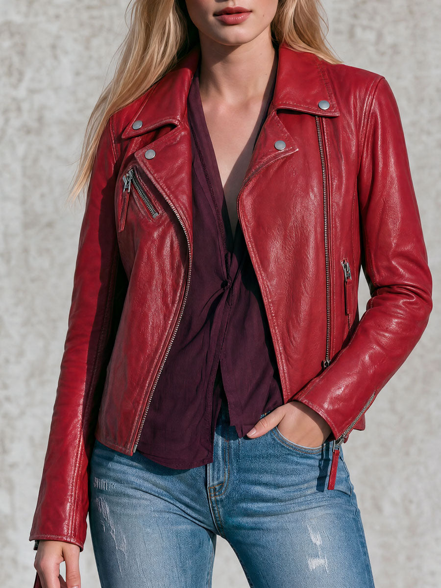 Fashionable Retro Red Lapel Zipper Faux Leather Jacket