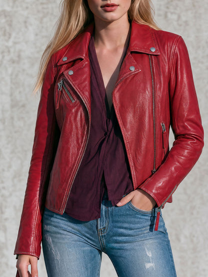 Fashionable Retro Red Lapel Zipper Faux Leather Jacket
