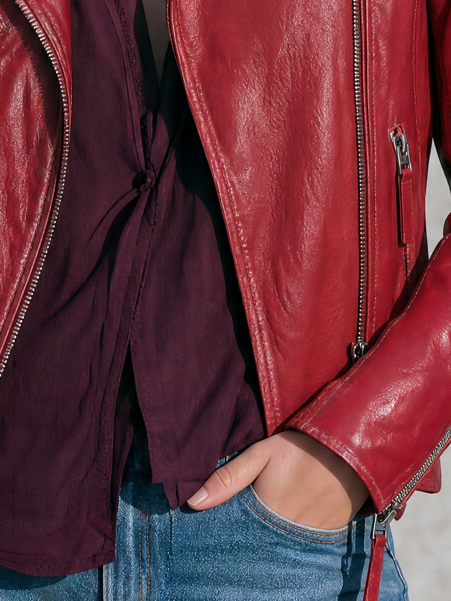 Fashionable Retro Red Lapel Zipper Faux Leather Jacket