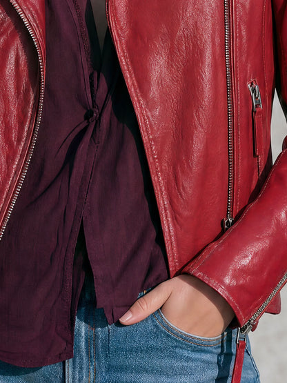 Fashionable Retro Red Lapel Zipper Faux Leather Jacket