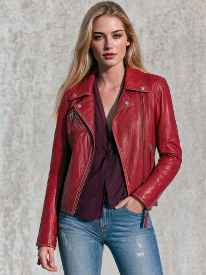 Fashionable Retro Red Lapel Zipper Faux Leather Jacket