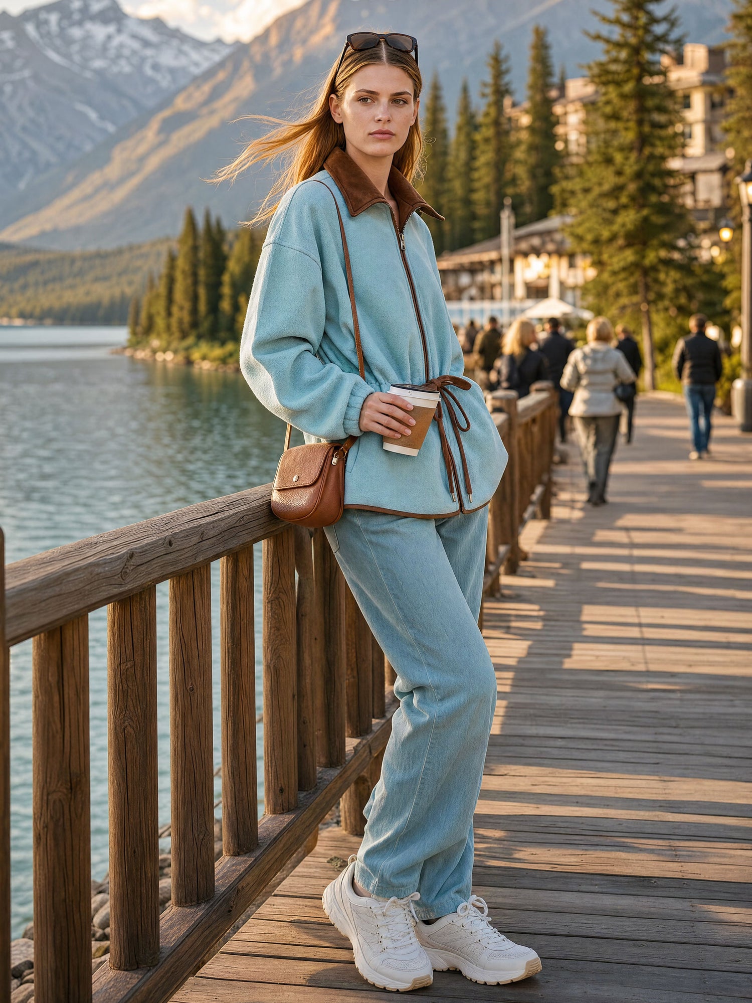 Casual Retro Brown Faux Suede Collar Lake Blue Fleece Coat
