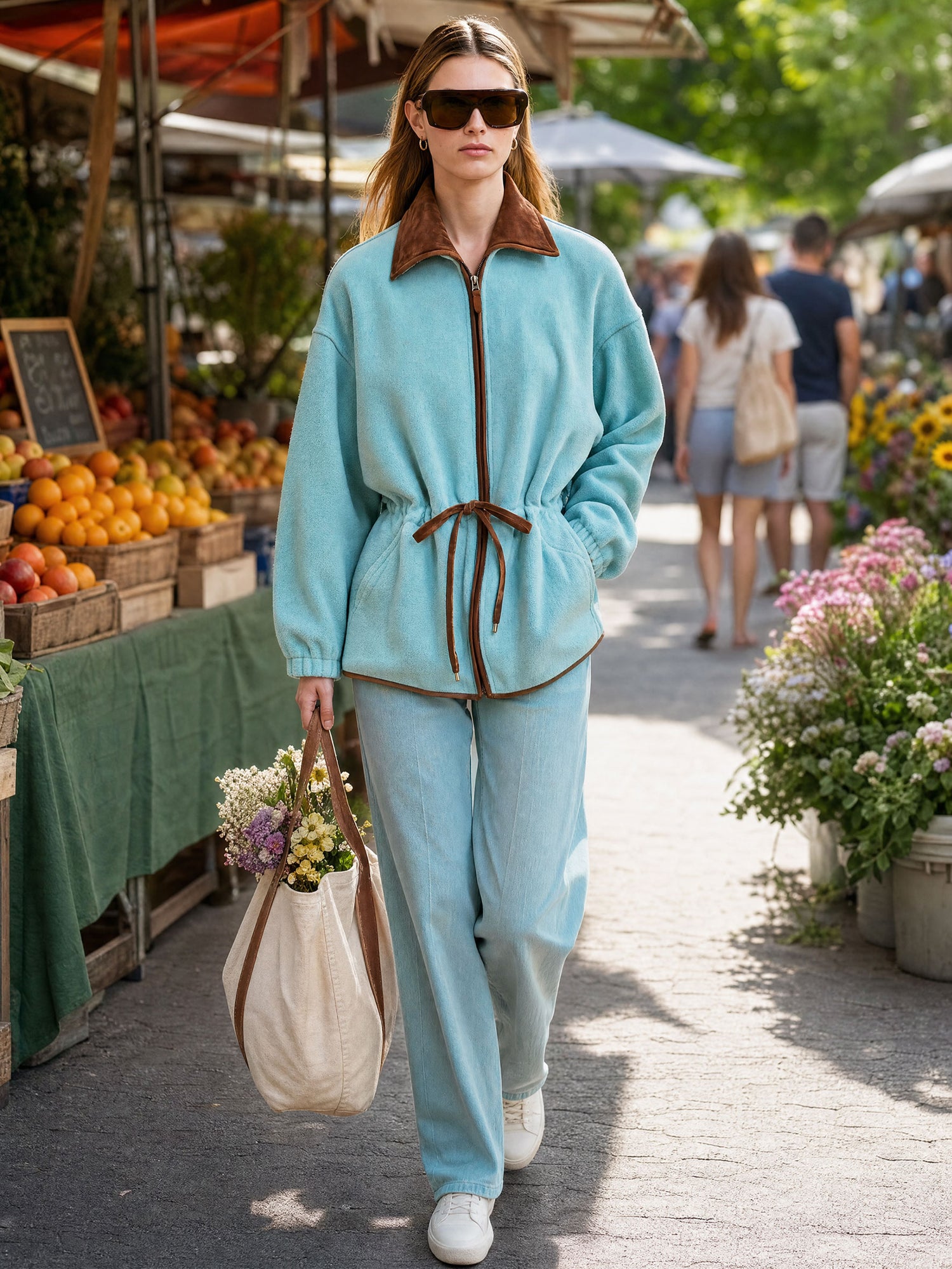 Casual Retro Brown Faux Suede Collar Lake Blue Fleece Coat
