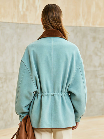 Casual Retro Brown Faux Suede Collar Lake Blue Fleece Coat