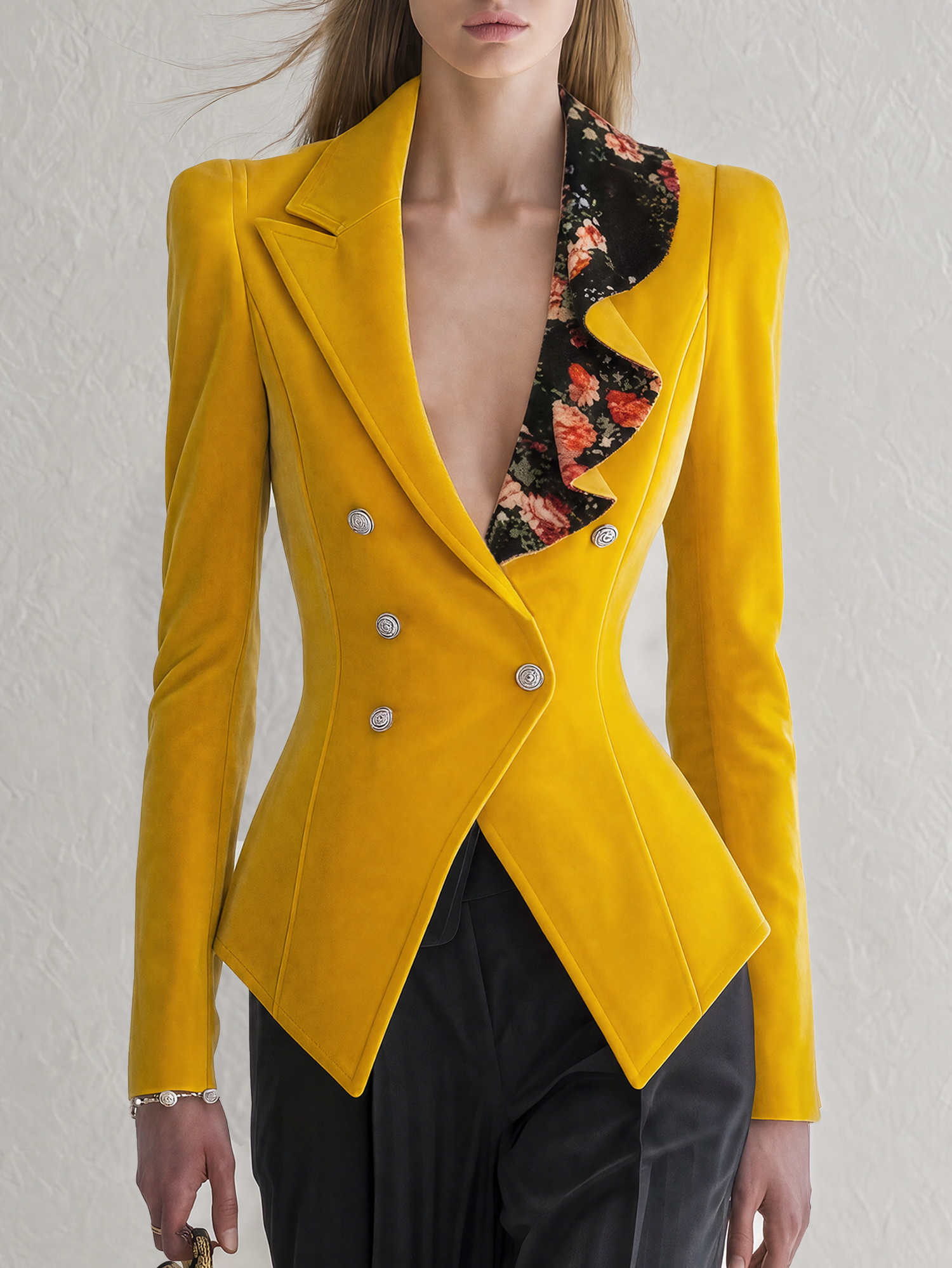 Vintage-style Casual-chic Velvet Blazer With A Ruffled Neckline And Print