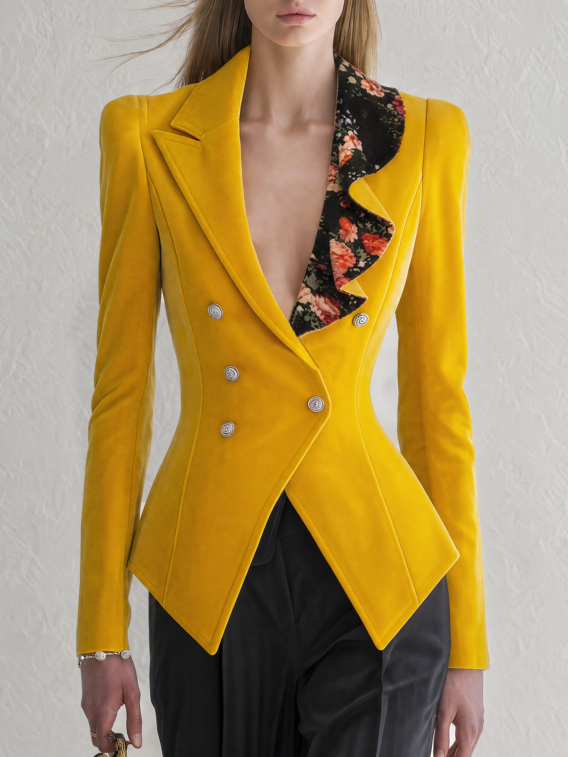 Vintage-style Casual-chic Velvet Blazer With A Ruffled Neckline And Print