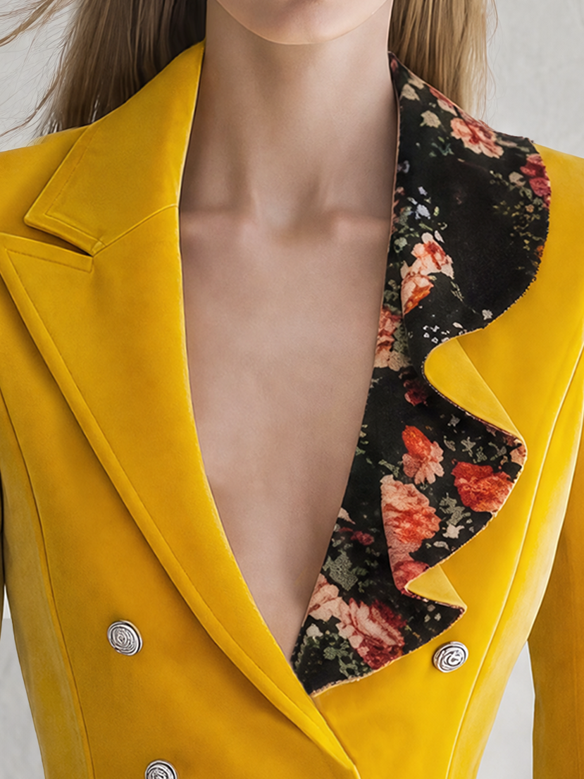 Vintage-style Casual-chic Velvet Blazer With A Ruffled Neckline And Print