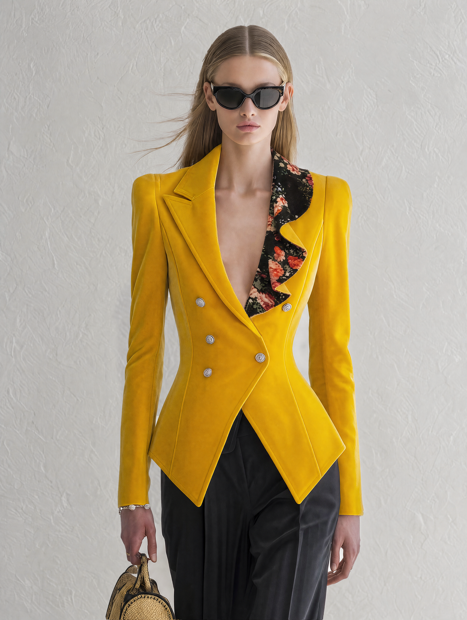 Vintage-style Casual-chic Velvet Blazer With A Ruffled Neckline And Print