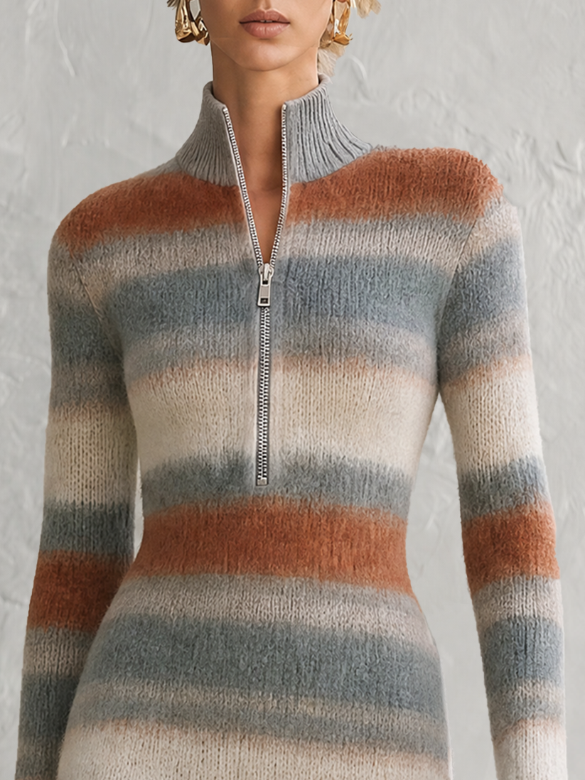 Retro-casual Elegant Stand-collar Horizontal-stripe Knit Dress