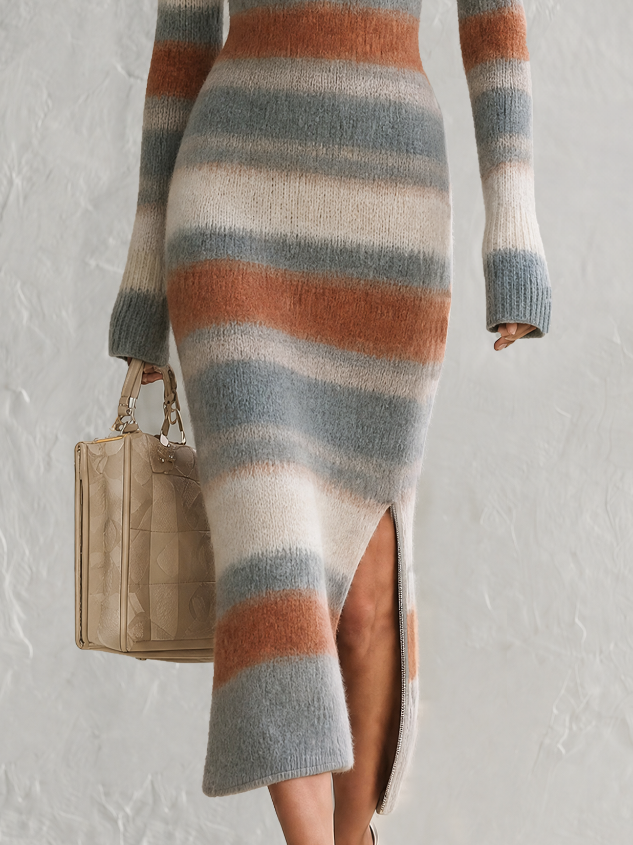 Retro-casual Elegant Stand-collar Horizontal-stripe Knit Dress