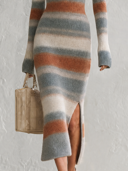 Retro-casual Elegant Stand-collar Horizontal-stripe Knit Dress